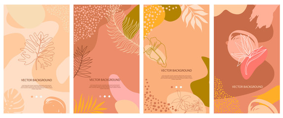 Set of abstract background with tropical elements, shapes and girl portrait in one line style. Background for mobile app page minimalistic style. Vector illustration