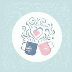 A pair of cups. Couple in love. Romantic card or poster. Happy Valentine`s day. 