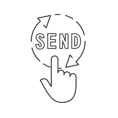 Hand pressing a button with the text send. Vector linear icon.