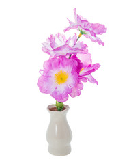 Plastic flower in ceramic vase isolated on white background