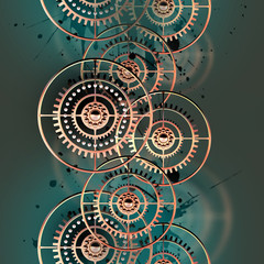 Seamless pattern of gold gears with pearls. Curb tape. Background with blots. Steampunk style. 3D illustration