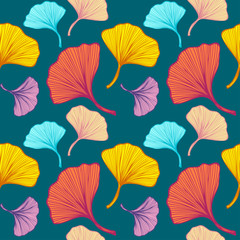 Beautiful bright Seamless pattern with colorful leaves on marine blue background for wallpaper or for  textile  fashion drapery clothes or for decoration package or other things