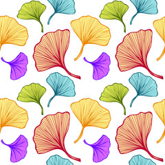 Beautiful bright Seamless pattern with colorful leaves on white background for wallpaper or for  textile  fashion drapery clothes or for decoration package or other things