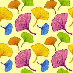 Beautiful bright Seamless pattern with colorful leaves on yellow background for wallpaper or for  textile  fashion drapery clothes or for decoration package or other things
