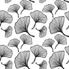 Beautiful Seamless pattern with leaves in line art style black on white background for wallpaper or for  textile  fashion drapery clothes or for decoration package or other things