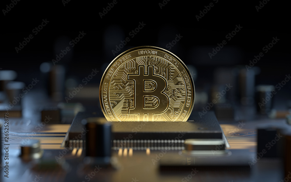 Poster bitcoin on motherboard,3d rendering,conceptual image.