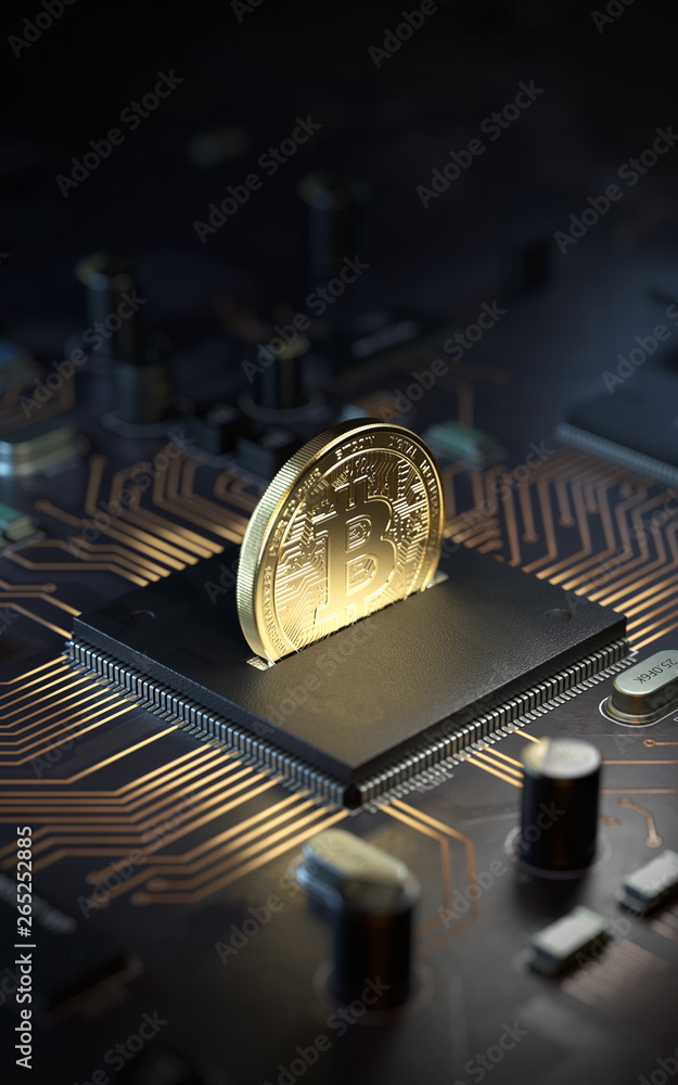 Poster bitcoin on motherboard,3d rendering,conceptual image.