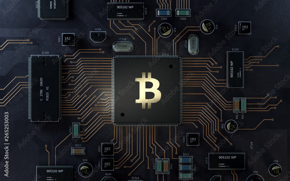 Poster bitcoin on motherboard,3d rendering,conceptual image.