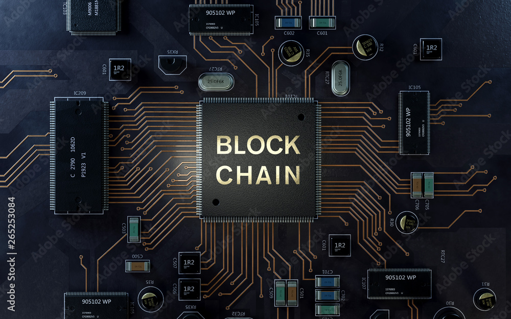Poster blockchain technology concept on circuit board,3d rendering,conceptual image.
