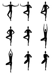 Yoga tree pose variations male set/ Illustration stylized men silhouettes in a yoga vrikshasana. From beginner to advanced 
