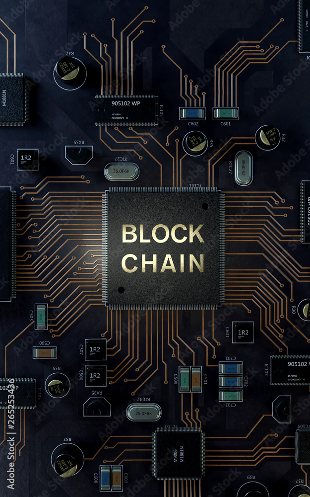 Aufkleber blockchain technology concept on circuit board,3d rendering,conceptual image.