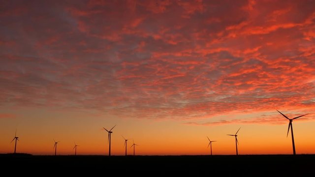 Wind Turbines Generating Green Energy at Sunset with Beautiful Red Clouds in the Sky in Almere Pumpus, Netherlands