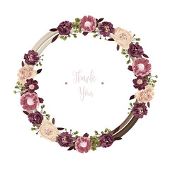 Red luxury floral greeting card with white, green and purple flowers on white background and wooden circle frame.