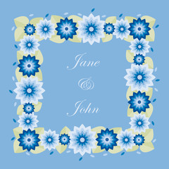 Cute card template with a square frame of blue flowers and green leaves and a text sample. Blue background. Flat style illustration. Vector.