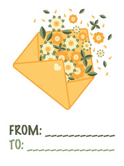 Greeting card with an image of envelope and flowers, leaves and petals fallen from it and a free space for writing from and to whom a card for on the white background. Flat style illustration. Vector.