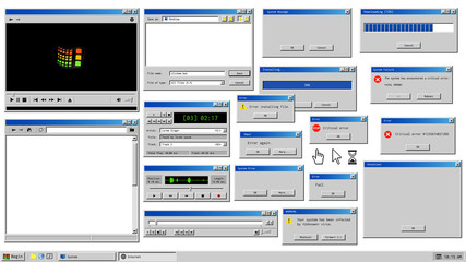 Fototapeta na wymiar Old user interface. Retro browser windows and error message popup. Mockup of vintage multi media player, voice recorder and dialog box with system information. Pixelated computer mouse icons.