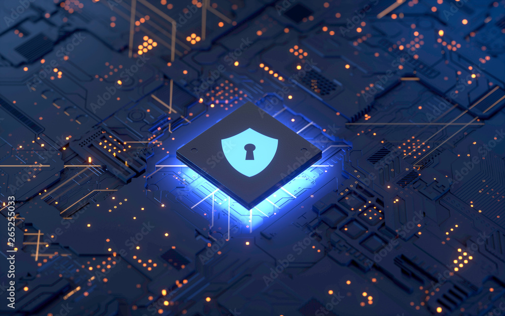 Poster circuit board and shield icon,hardware security, computer data protection and electronic technology 