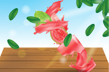guava juice splash in a glass with nature background