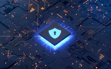 circuit board and shield icon,Hardware security, computer data protection and electronic technology concept, - obrazy, fototapety, plakaty