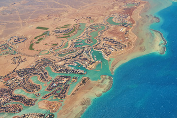 Aerial view of El Gouna a luxury Egyptian tourist resort located on the Red Sea 20 kilometres north...