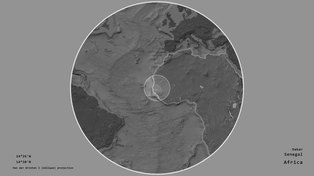 Senegal and its capital circled and zoomed on the global bilevel map in the van der Grinten I projection with animated oblique transformation. Animation 3D