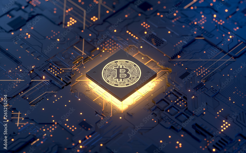 Poster bitcoin on motherboard,3d rendering,conceptual image.