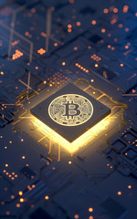 Bitcoin on motherboard,3d rendering,conceptual image.