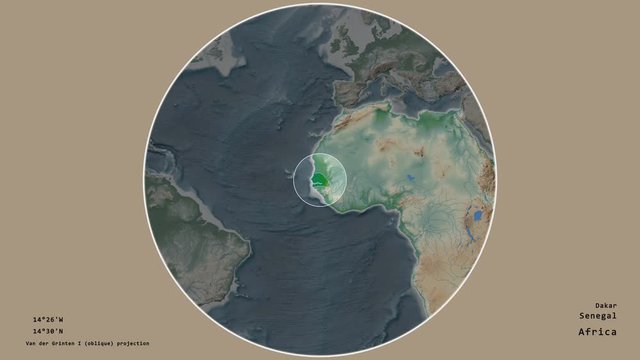 Senegal and its capital circled and zoomed on the global physical map in the van der Grinten I projection with animated oblique transformation. Animation 3D
