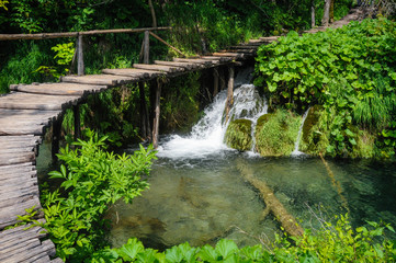 Fototapeta na wymiar Wooden Hiking Trails in Plitvice Lakes National Park take you through lush green forest and over pristine lakes and waterfalls