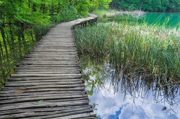 Wooden Hiking Trails in Plitvice Lakes National Park  take you through lush green forest and over pristine lakes and waterfalls