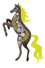 Obraz premium Art vector vertical colorful isolated illustration with beautiful abstract folk horse on a white background.