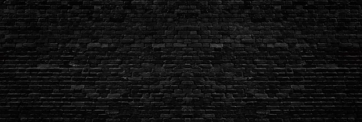 Zelfklevend Fotobehang Bakstenen muur Brede oude zwarte sjofele bakstenen muurtextuur. Donker metselwerkpanorama. Metselwerk panoramische grunge achtergrond