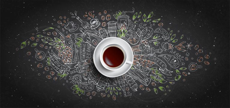 Coffee chalk illustrated concept on black board background - white coffee cup, top view with chalk doodle illustration about coffee, beans, morning, espresso in cafe, breakfast. Morning coffee vector