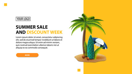 Summer sale and discount week, discount white minimalist web banner template for your website with palm, coconuts, beach umbrella and surf Board