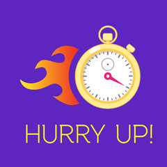 Stopwatch with fire sign on violet background. Concept of faster running time, deadline.