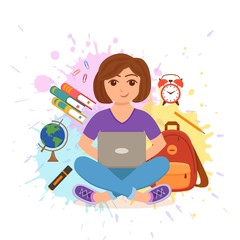 Young girl working on computer colorful vector education concept.