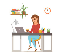 Woman working on computer colorful vector concept. Cartoon flat style
