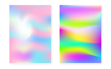 Holographic gradient background set with hologram cover. 90s, 80s retro style. Pearlescent graphic template for flyer, poster, banner, mobile app. Hipster minimal holographic gradient.