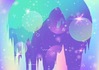 Holographic background with abstract cosmos landscape and future universe. Girlie mountain silhouette with wavy glitch. Futuristic gradient and shape. 3d fluid. Memphis holographic background.