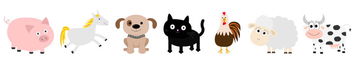 Farm animal set line. Pig, horse, cat, cow, dog, ship, rooster. Baby collection. Flat design style. White background. Isolated.