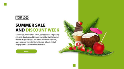 Summer sale and discount week, discount white minimalist web banner template for your website with coconut cocktail, strawberry, raspberry, cherry and ice cream on palm leaf