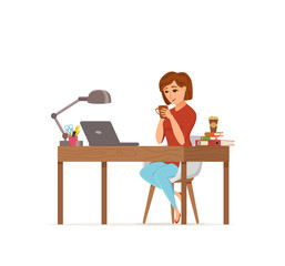 Woman working on computer colorful vector concept. Cartoon flat style