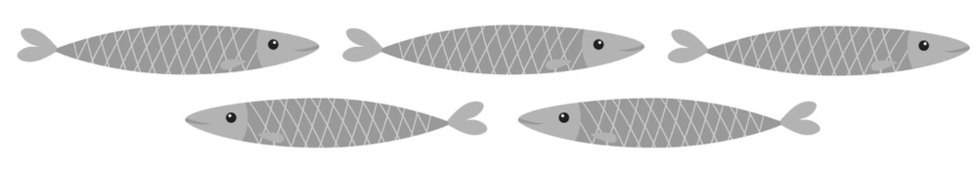 Sardine gray fish icon set line. Sardina pilchardus. Iwashi. Cute cartoon character. Anchovy pilchard. Water animal. Marine life. Flat design. White background. Isolated.
