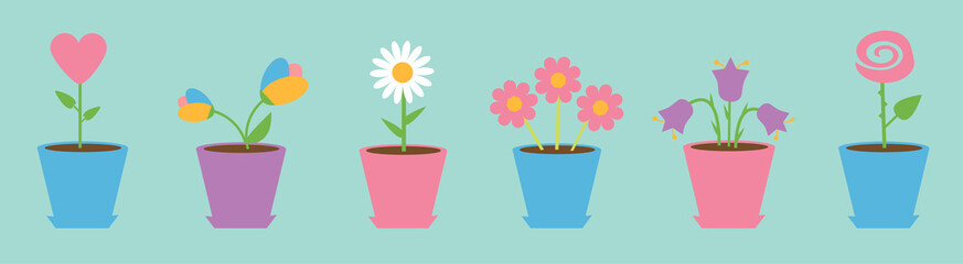 Flower pot set line. Daisy chamomile. Tulip, rose, bluebell, heart, white camomile flowers. Blue background. Happy Valentines day card.