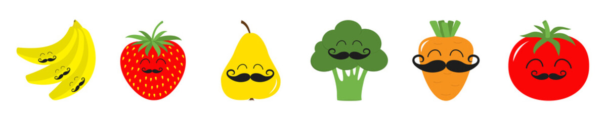 Fruit berry vegetable mustache face icon set line. Pear strawberry banana,Tomato, carrot broccoli. Cute cartoon kawaii character. Flat design. White background.