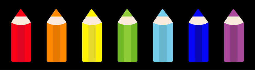 Rainbow color pencil icon set line. Back to school card. Flat design. Black background. Isolated.