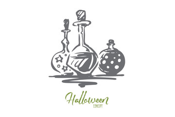 Poison, Halloween, glass, potion, holiday concept. Hand drawn isolated vector.