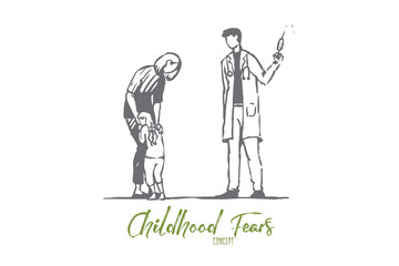 Child, doctor, injection, fear, syringe concept. Hand drawn isolated vector.