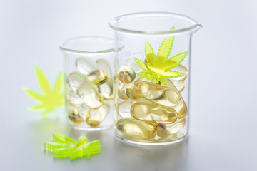 Pillen, Tabletten, Kapseln mit Cannabis Marihuana Hanf und CBD in Labor Becherglas gegen Schmerzen zur Therapie als Medizin 