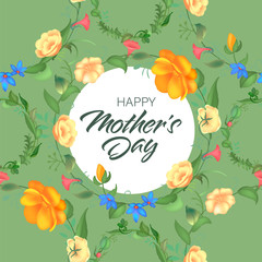 Mother s day greeting card with blossom flowers. Beautiful seamless design with typography. Garden plants with leaves.